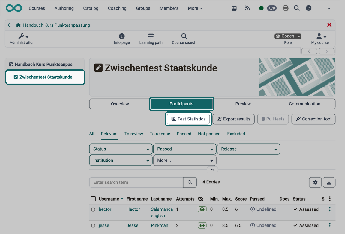 Test Statistics button above the list of participants marked