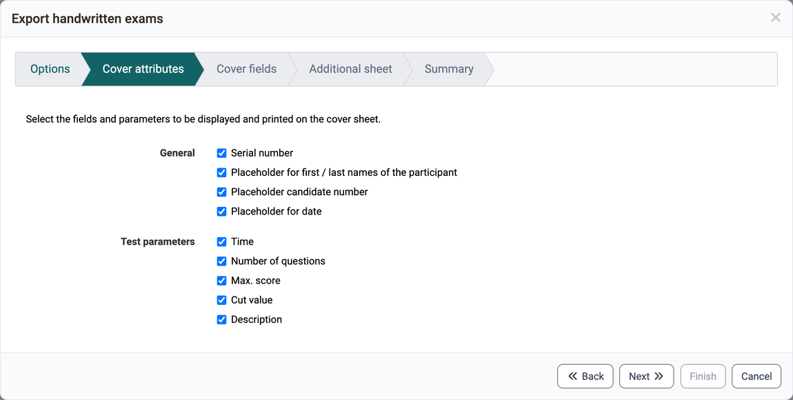 Attribute groups General and Test parameters to choose from for the cover sheet, all ticked