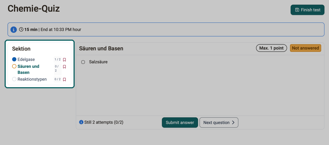 Question overview marked with an answered, a displayed and a not yet viewed question, each with the number of attempts