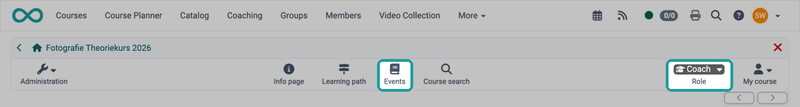 Icon "Events" and role selection in the toolbar from the coaches' view
