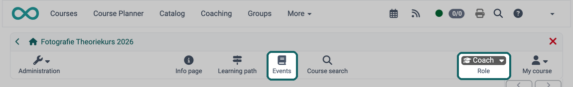 The Events icon in the course toolbar opens the event list, the role shows Coach