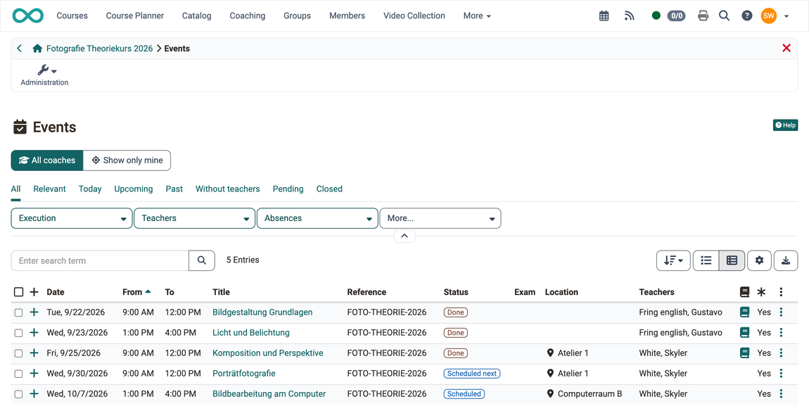 Toggle All coaches and Show only mine, tabs, filters and events with status labels, event list of a course in the coaches' view