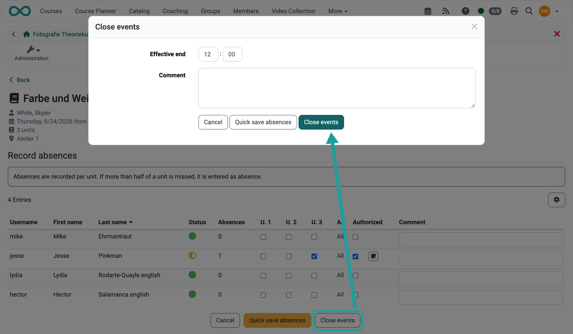 Button "Close events" opens a dialog with effective end and comment