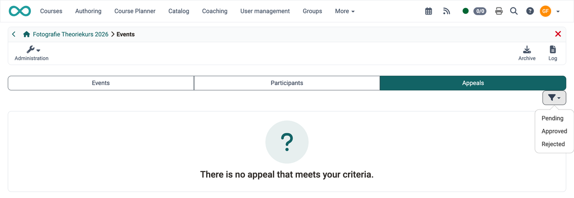 Tab "Appeals" with the filter for pending, approved and rejected appeals