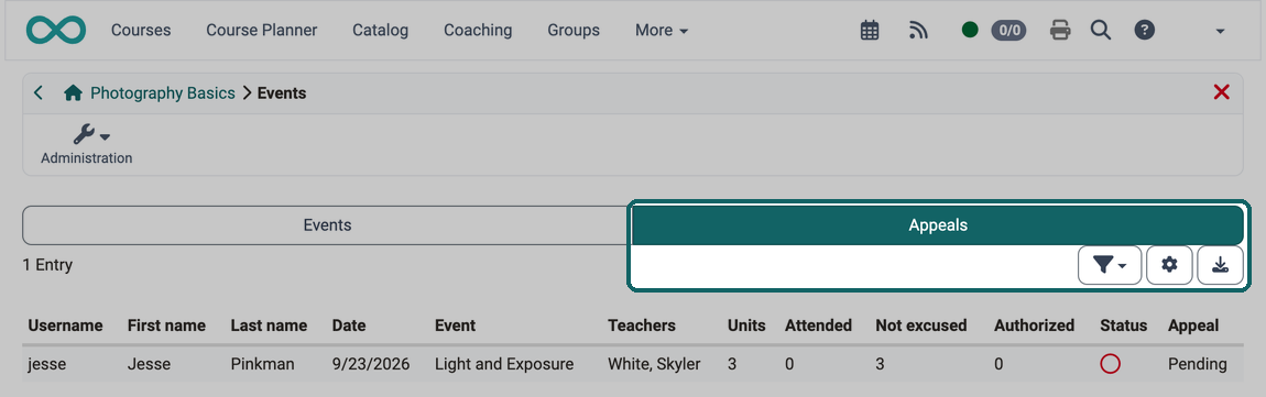The tab Appeals lists the submitted appeals, the filter at the top right above the list narrows them down by their state