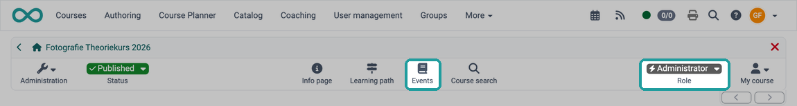 Icon "Events" and role selection in the toolbar of a course, here with the role Administrator
