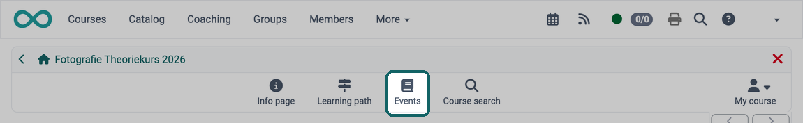 Participants open their events via the icon Events in the course toolbar
