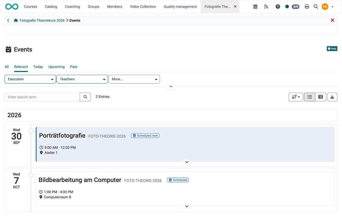 Event list of a course from the participants' view with tabs, filters and status labels