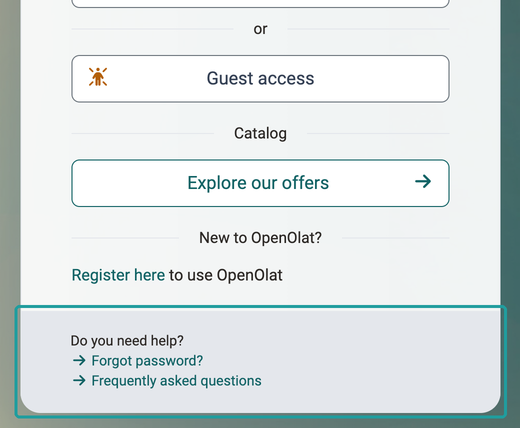 Lower part of the login box with Guest access, Catalog and Register here, below it the highlighted area Do you need help? with the links Forgot password? and Frequently asked questions