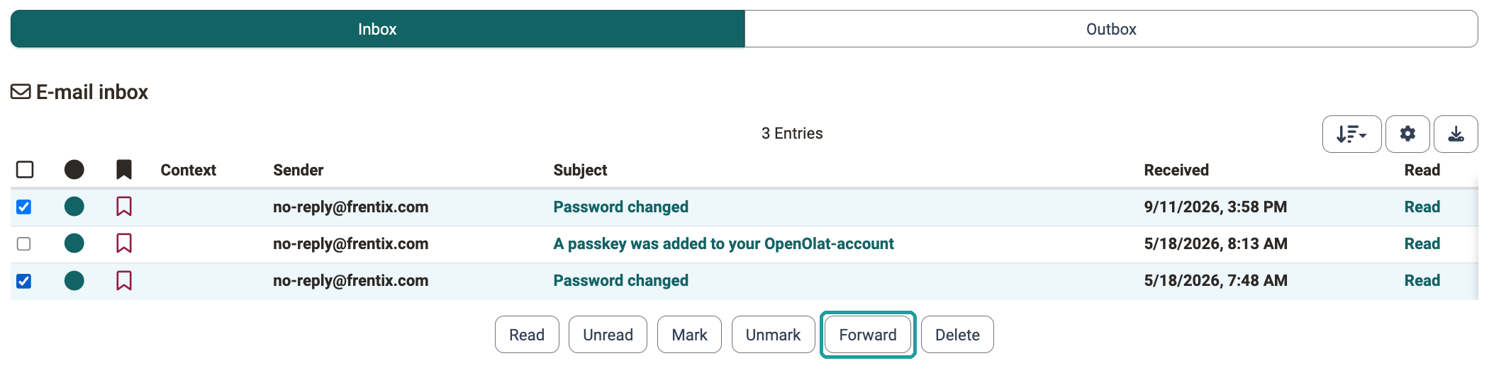 Action Forward in the action bar below the list, two messages selected, segment Inbox of the mailbox