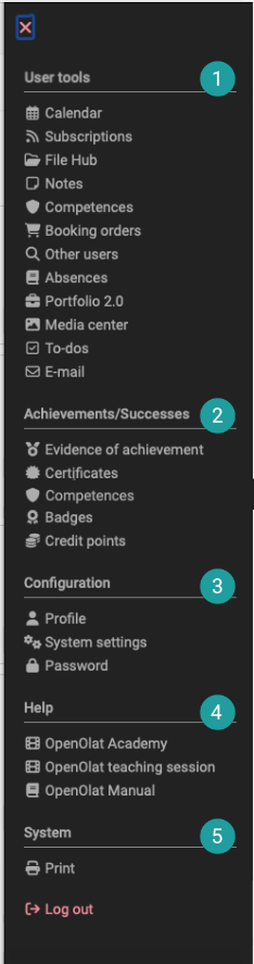 The five sections of the personal menu, numbered 1 to 5, and the entry Log out at the end