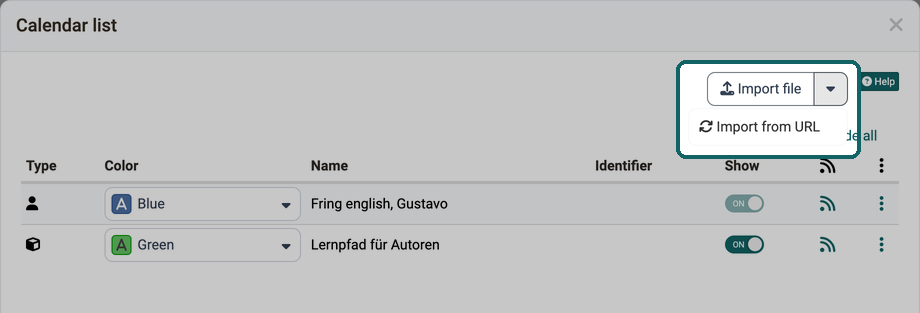 Highlighted is the Import file button at the top right of the calendar list, next to it the opened arrow menu with the Import from URL entry