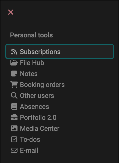 Entry Subscriptions, marked with a frame, in first place in the section Personal tools of the personal menu: entry point to the overview of changes in all subscribed elements