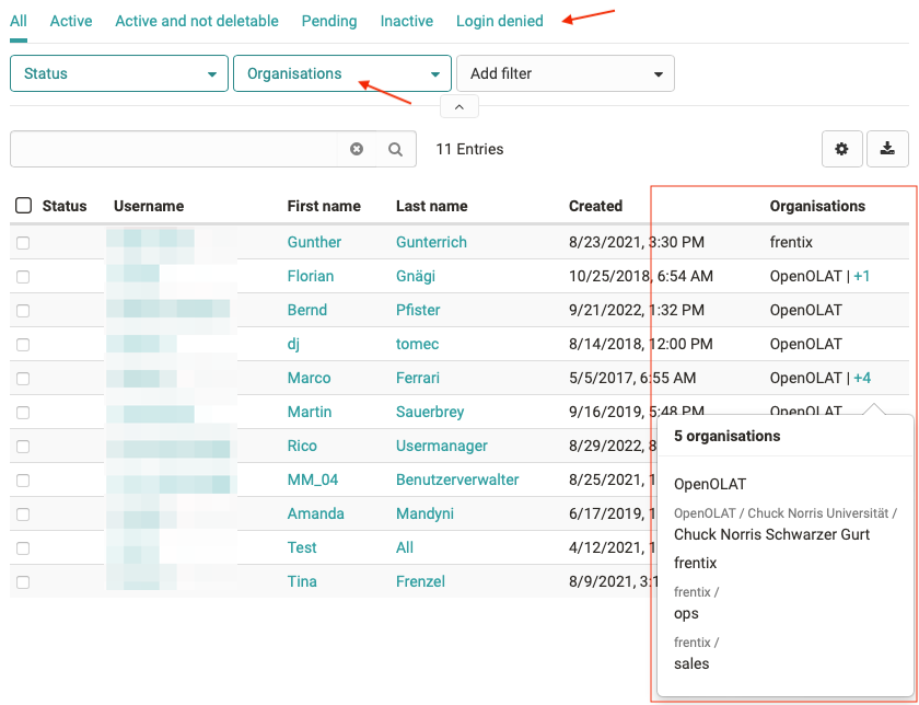 Organizations and filters in the user administration