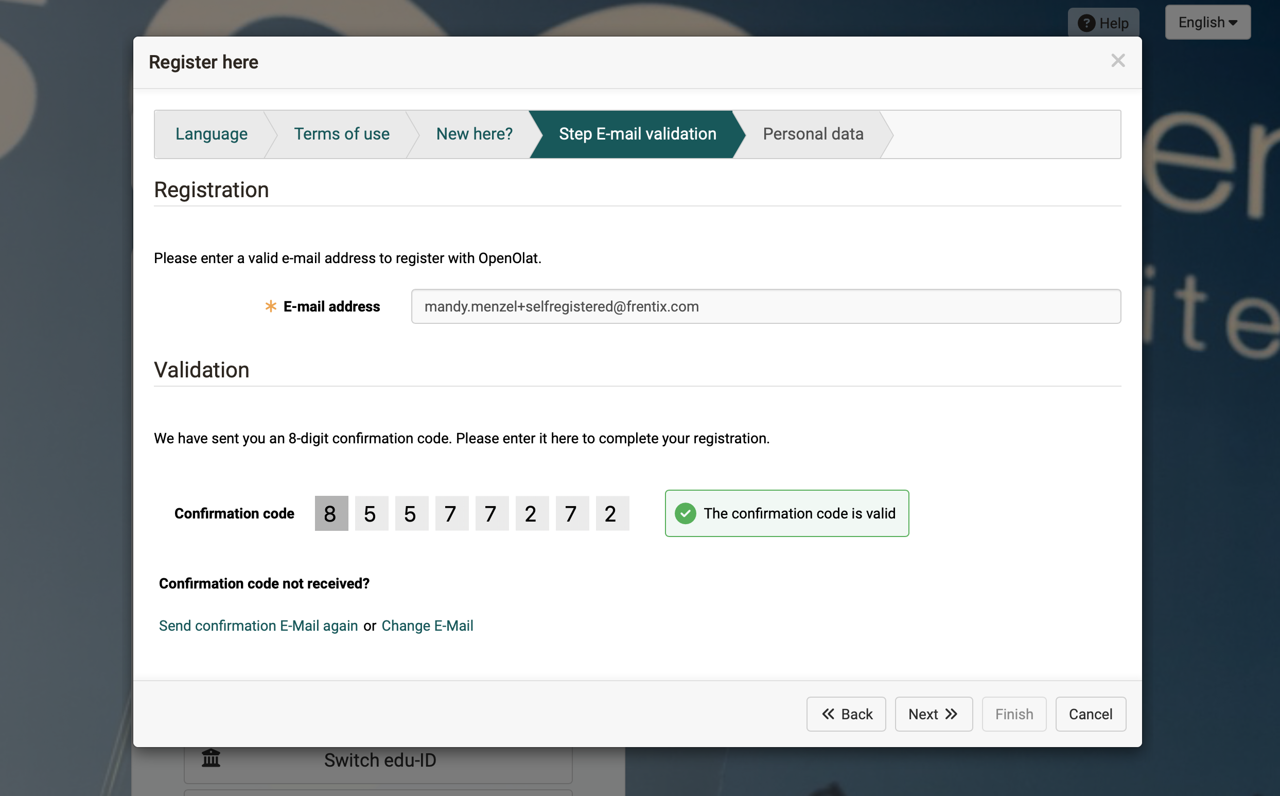 E-mail address validation by code