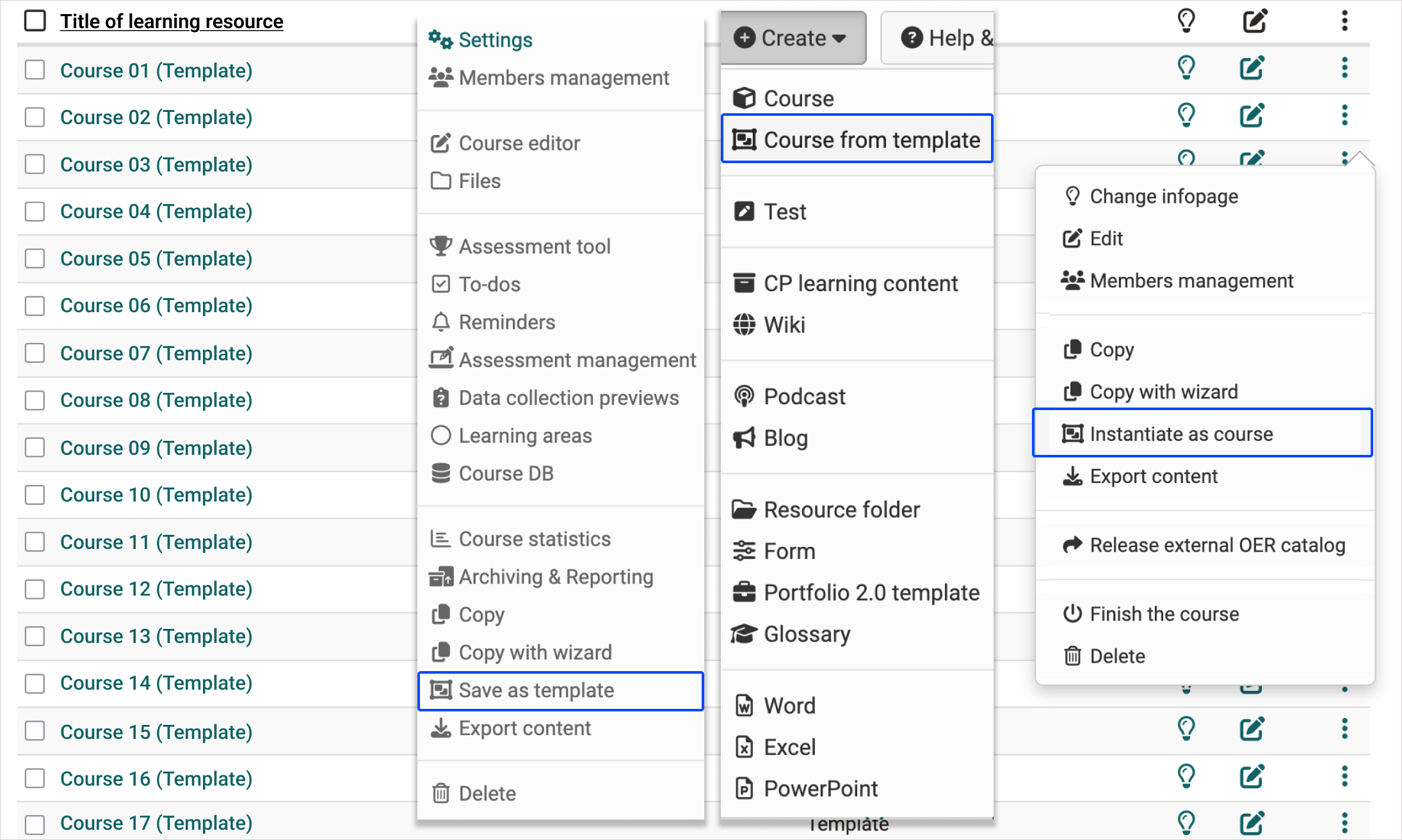 Kurs-Template-Aktionen