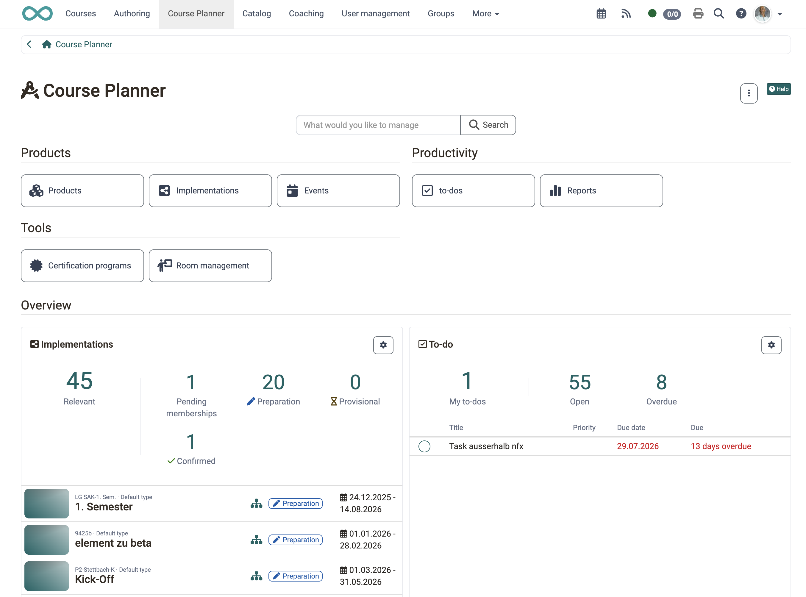 Course Planner dashboard with to-dos Course Planner dashboard with to-dos