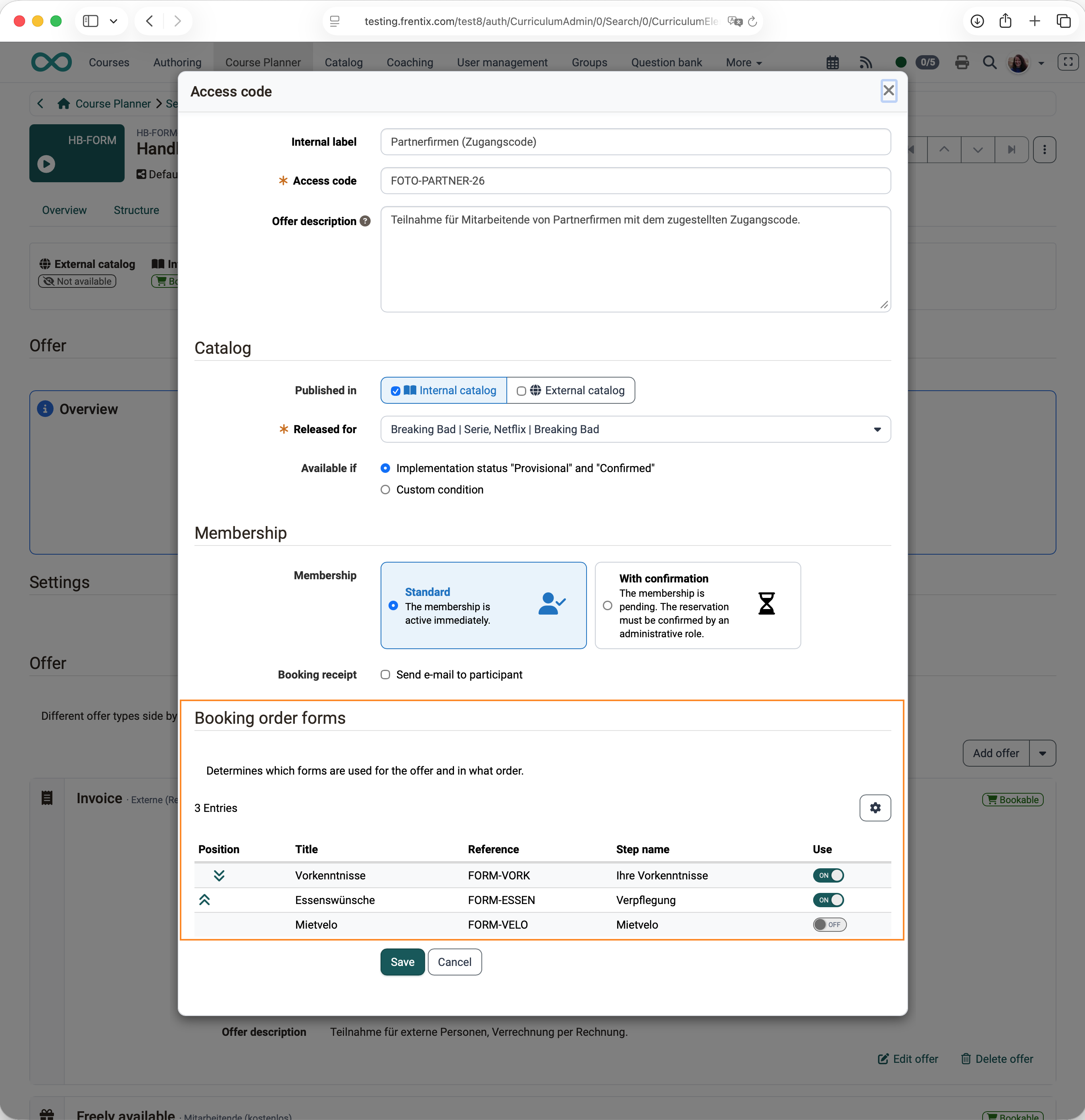 Booking order forms in an offer