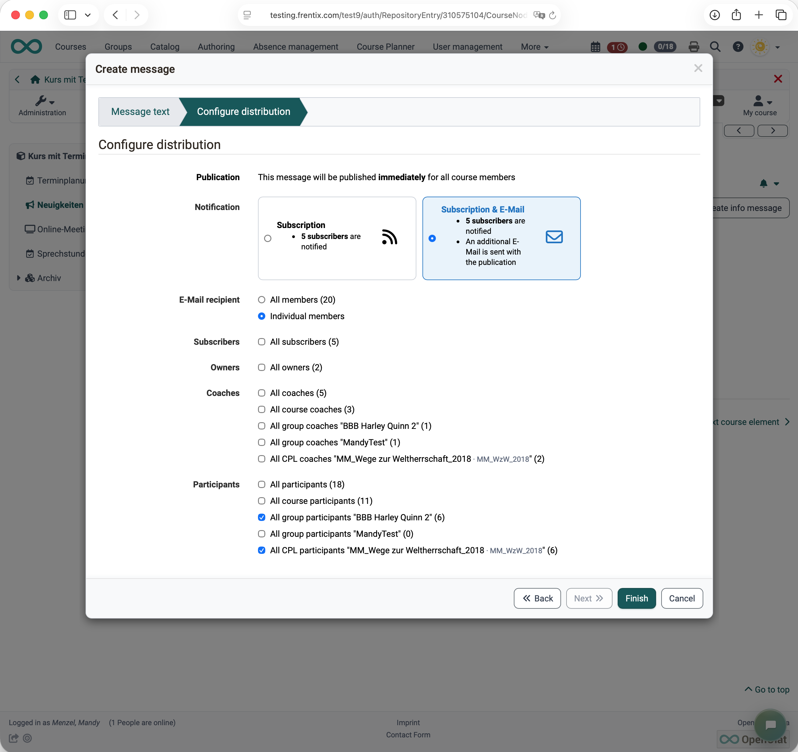 Info message with selection of recipients from course, groups and implementation