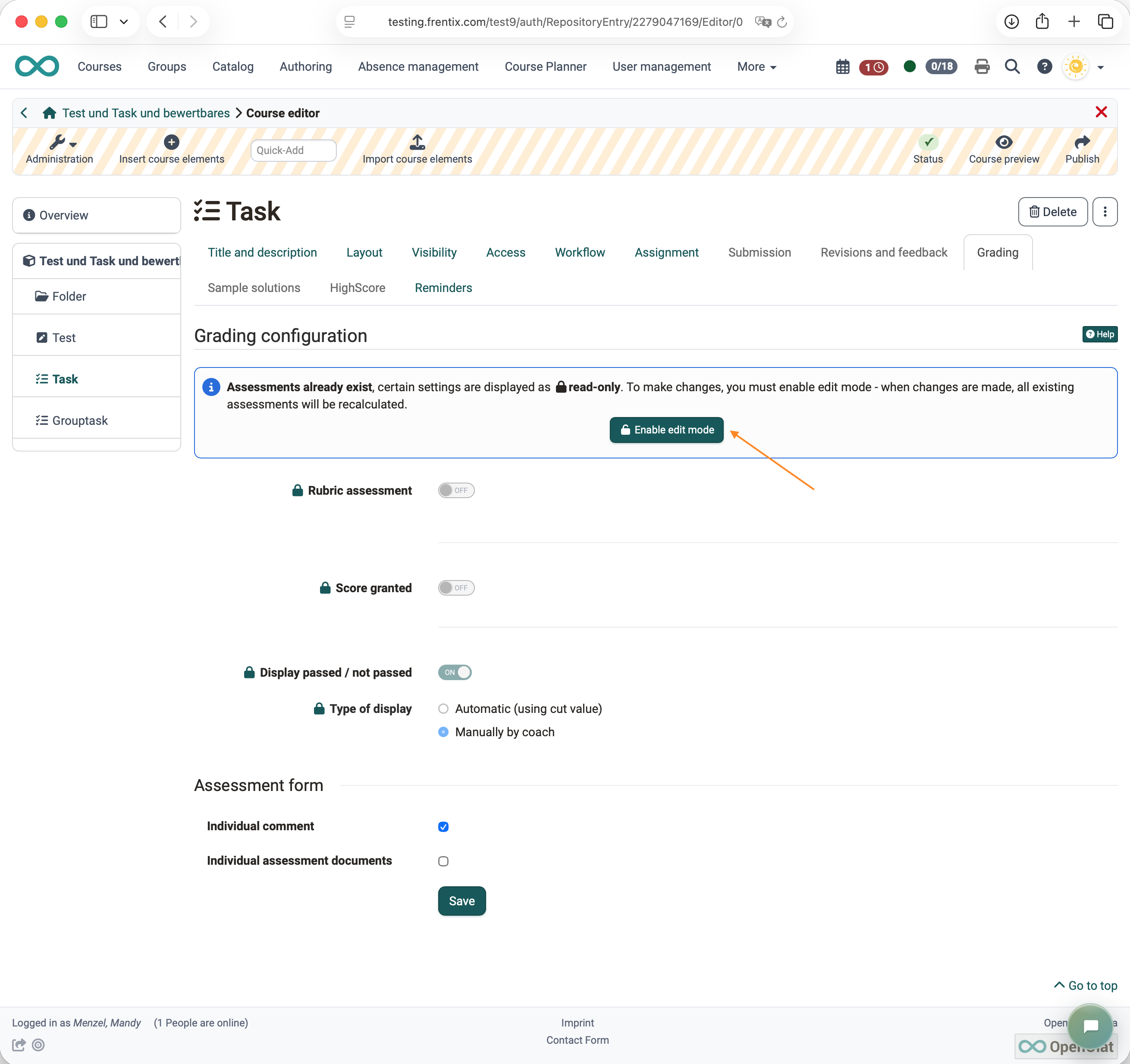 Read-only assessment settings in the Task course element