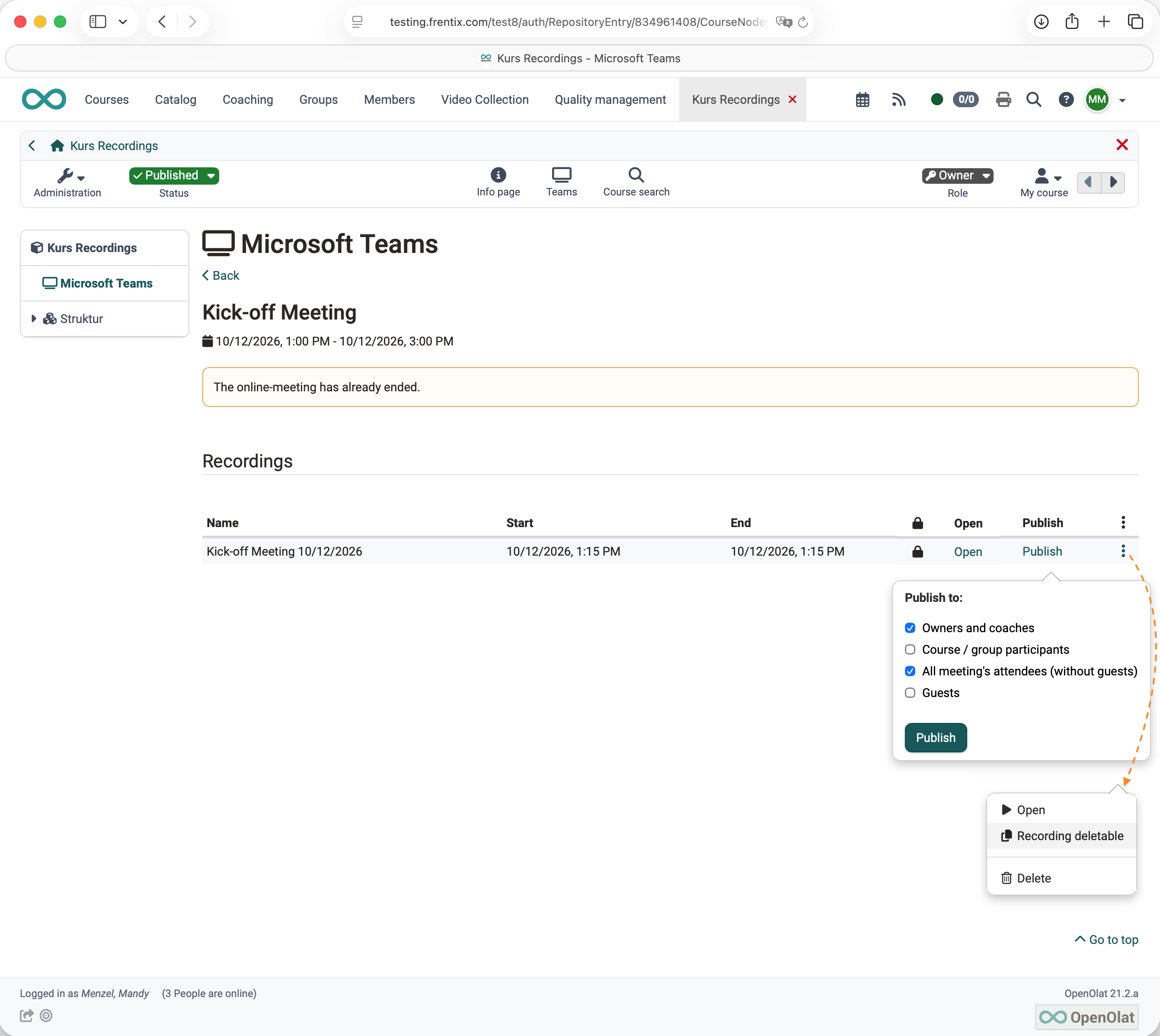 Recording with publishing options