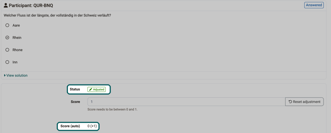 Correction of a question with score adjustment